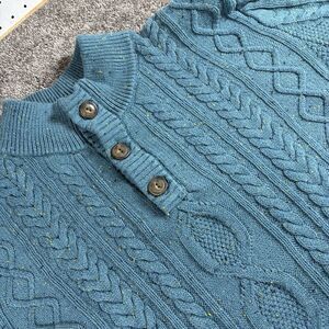 L.L. Bean Men's Heritage Donegal Fisherman Sweater Teal Size L Button Mock READ